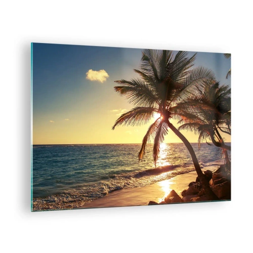 Cuadro sobre vidrio - Impresiones sobre Vidrio - Playa tropical con palmeras a la luz del sol poniente. - 70x50cm - Verano bajo las palmeras - Decoración de pared moderna para salón y dormitorio ARTTOR