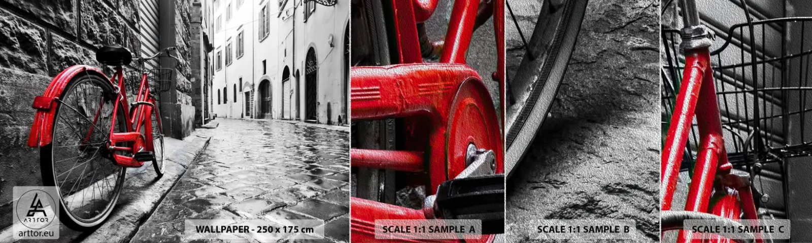 Muestra de fotomural Premium Sand - La verdadera belleza no envejece - Ciudad, Arquitectura, Bicicleta - 100x30 cm