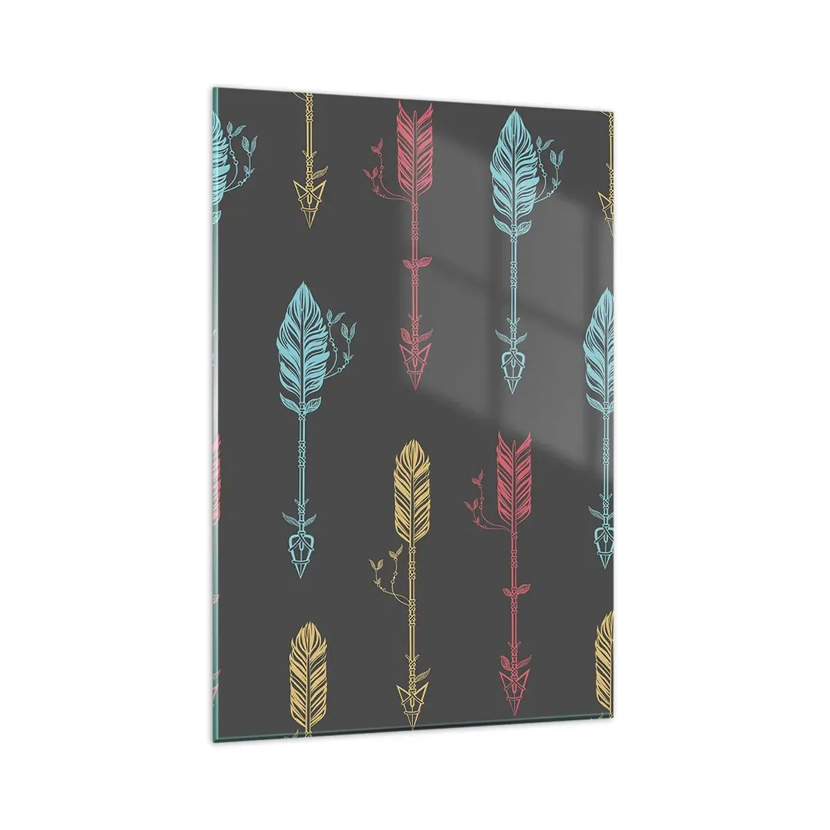 Cuadro sobre vidrio - Impresiones sobre Vidrio - Patrón de flecha estilizada en colores pastel sobre un fondo oscuro - 80x120cm - Flechas - Decoración de pared moderna para salón y dormitorio ARTTOR