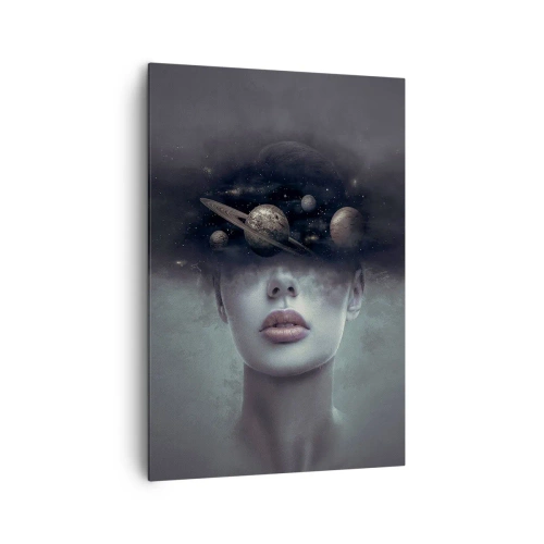 Cuadro sobre lienzo - Impresión de Imagen - Un rostro de mujer con un motivo de planeta y espacio en el fondo. - 70x100cm - Y los planetas sienten... - Decoración de pared moderna para salón y dormitorio ARTTOR