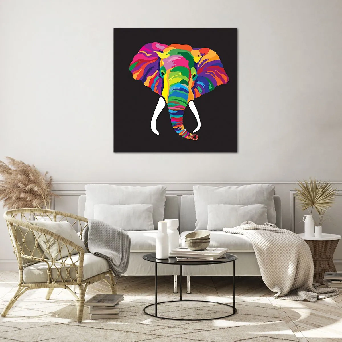 Cuadro sobre vidrio - Impresiones sobre Vidrio - El elefante al que le gustaba bañarse en el arco iris - 70x70 cm
