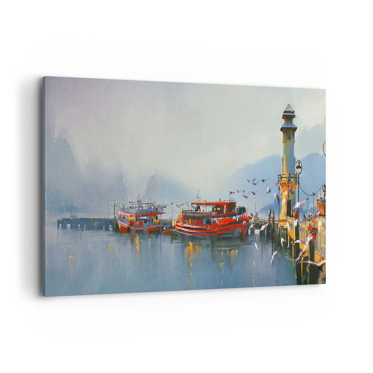 Cuadro sobre lienzo - Impresión de Imagen - Un puerto con barcos rojos rodeado de un paisaje brumoso. - 100x70cm - En el fin del mundo - Decoración de pared moderna para salón y dormitorio ARTTOR