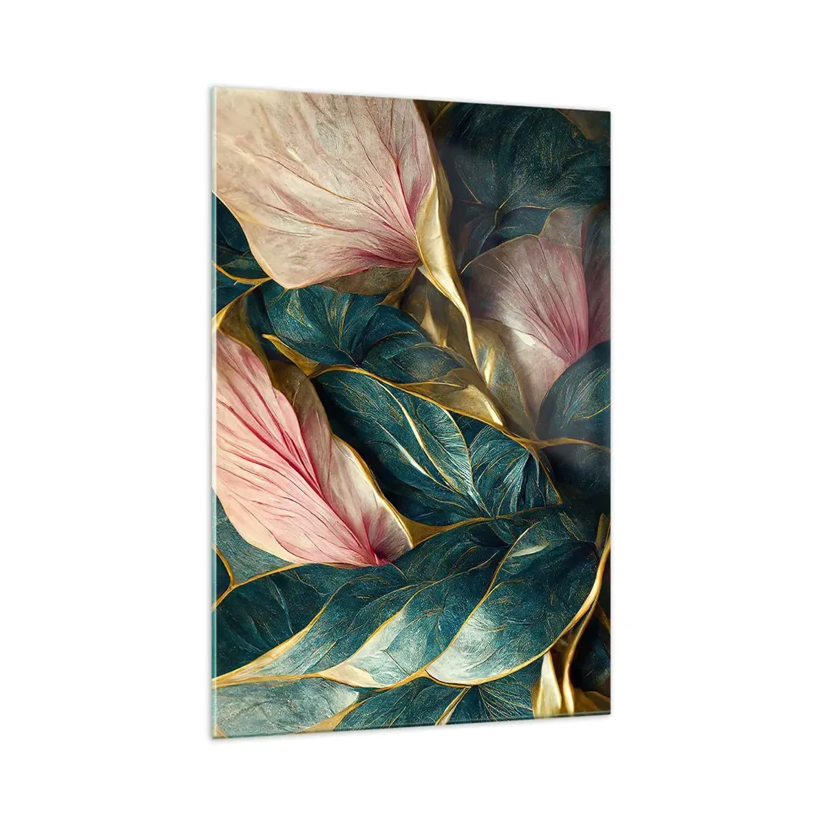 Cuadro sobre vidrio - Impresiones sobre Vidrio - Hojas elegantes en verde, dorado y rosa. - 70x100cm - Elegancia y estilo naturales - Decoración de pared moderna para salón y dormitorio ARTTOR