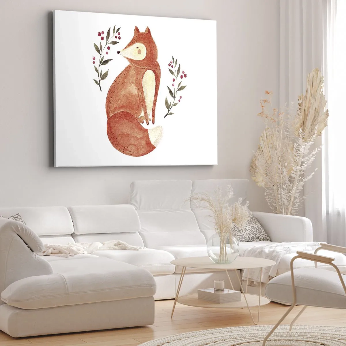 Cuadro sobre lienzo - Impresión de Imagen - Un zorro de acuarela rodeado de ramitas con bayas. - 70x50cm - Pequeño pelirrojo - Decoración de pared moderna para salón y dormitorio ARTTOR