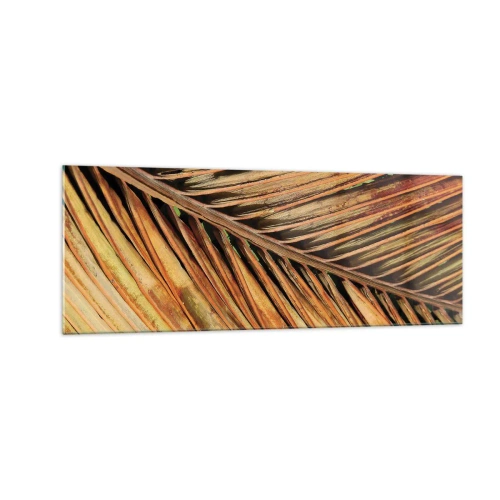 Cuadro sobre vidrio - Impresiones sobre Vidrio - Primer plano de una hoja de palma seca en tonos cálidos. - 140x50cm - Oro de coco - Decoración de pared moderna para salón y dormitorio ARTTOR