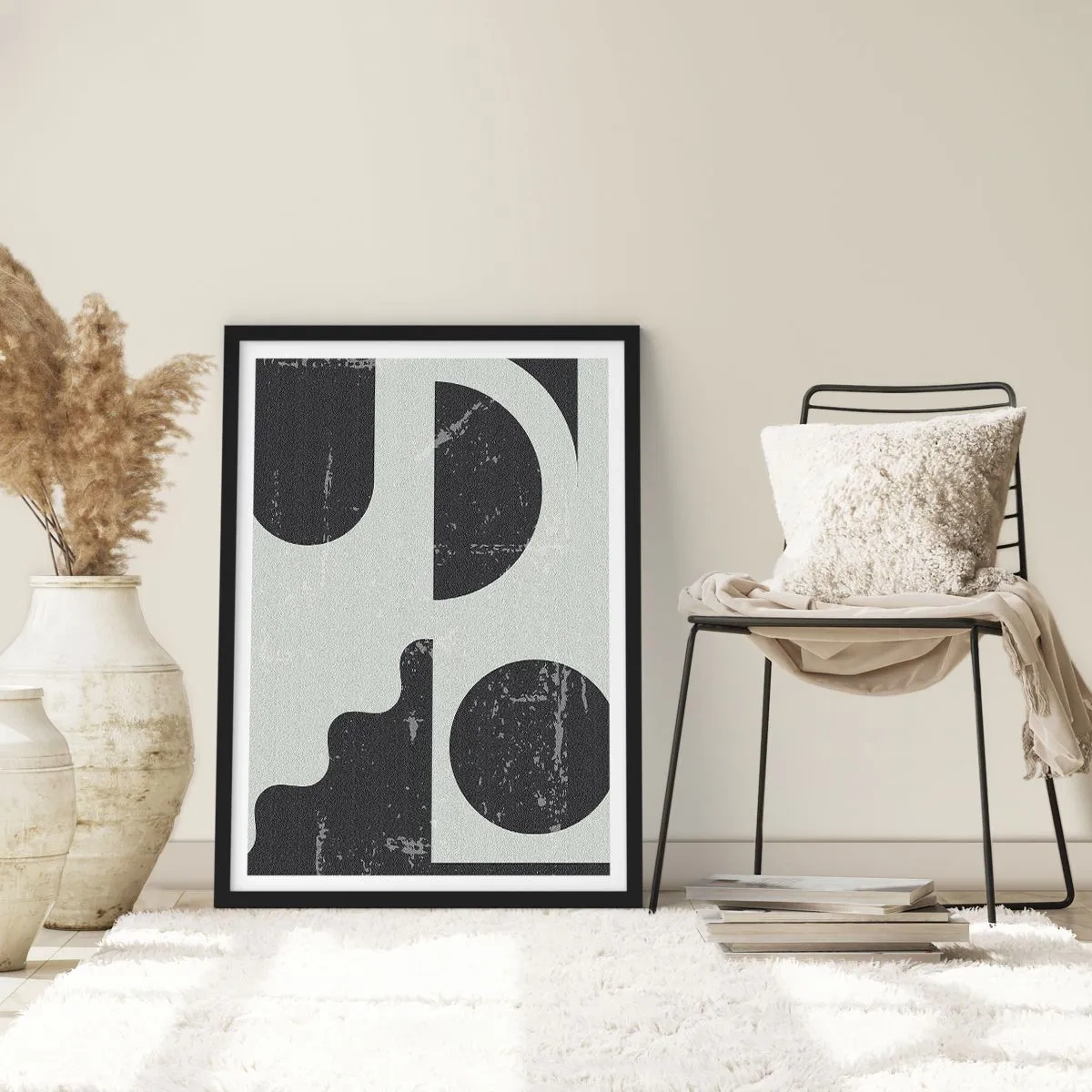 Póster en marco negro - Composición geométrica abstracta en negro y gris. - 50x70cm - Composición arriba y abajo - Decoración de pared moderna para salón y dormitorio ARTTOR