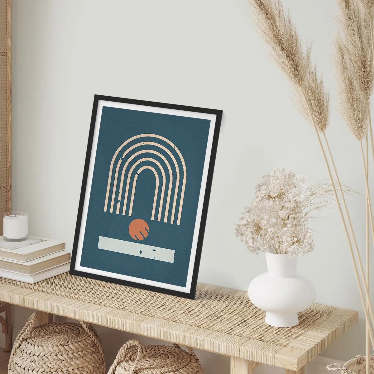 Póster en marco negro - Arcos geométricos y una esfera sobre un fondo oscuro. - 50x70cm - Geometría sobre azul marino - Decoración de pared moderna para salón y dormitorio ARTTOR