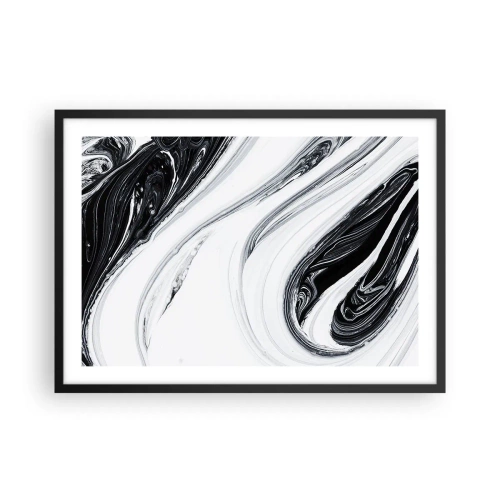 Póster en marco negro - Abstracción en blanco y negro con líneas dinámicas y remolinos. - 70x50cm - Combinando opuestos - Decoración de pared moderna para salón y dormitorio ARTTOR