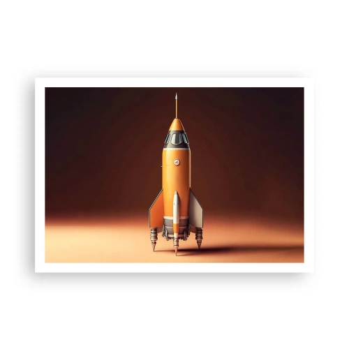 Póster - Un cohete de estilo retro sobre un fondo de tonos marrones. - 100x70cm - Comienza con un sueño - Decoración de pared moderna para salón y dormitorio ARTTOR