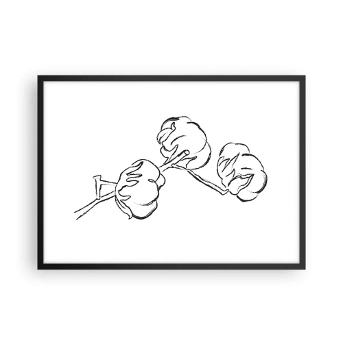 Póster en marco negro - Un delicado contorno de una rama de algodón sobre un fondo blanco. - 70x50cm - Plumón de algodón - Decoración de pared moderna para salón y dormitorio ARTTOR