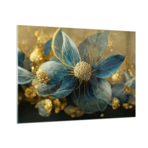 Cuadro sobre vidrio - Impresiones sobre Vidrio - Flores azules y doradas con un toque lujoso. - 100x70cm - Flor de oro - Decoración de pared moderna para salón y dormitorio ARTTOR