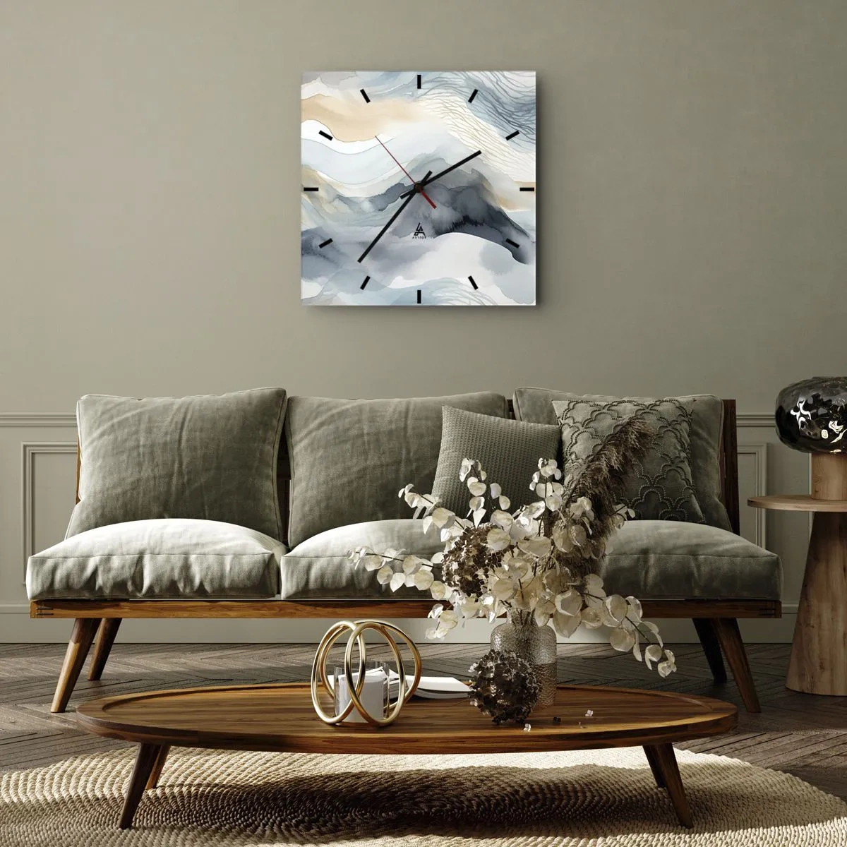 Reloj de pared - Reloj de vidrio - Abstracción de nieve y niebla - 30x30 cm