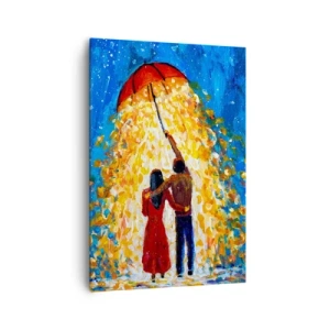 Cuadro sobre lienzo - Impresión de Imagen - Una pareja bajo un paraguas rojo bajo la lluvia luminosa. - 70x100cm - La magia de una tarde lluviosa - Decoración de pared moderna para salón y dormitorio ARTTOR