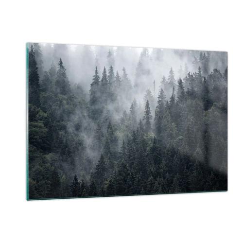Cuadro sobre vidrio - Impresiones sobre Vidrio - Niebla que se cierne sobre el denso bosque de coníferas por la mañana. - 120x80cm - Amanecer en el bosque - Decoración de pared moderna para salón y dormitorio ARTTOR