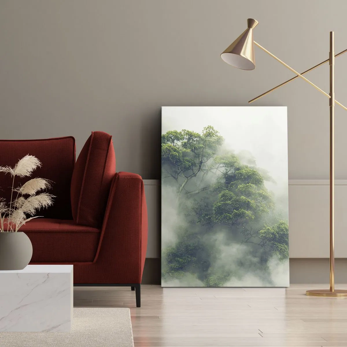 Cuadro sobre lienzo - Impresión de Imagen - Árboles verdes en una espesa niebla contra un fondo natural - 50x70cm - Envuelto en niebla - Decoración de pared moderna para salón y dormitorio ARTTOR