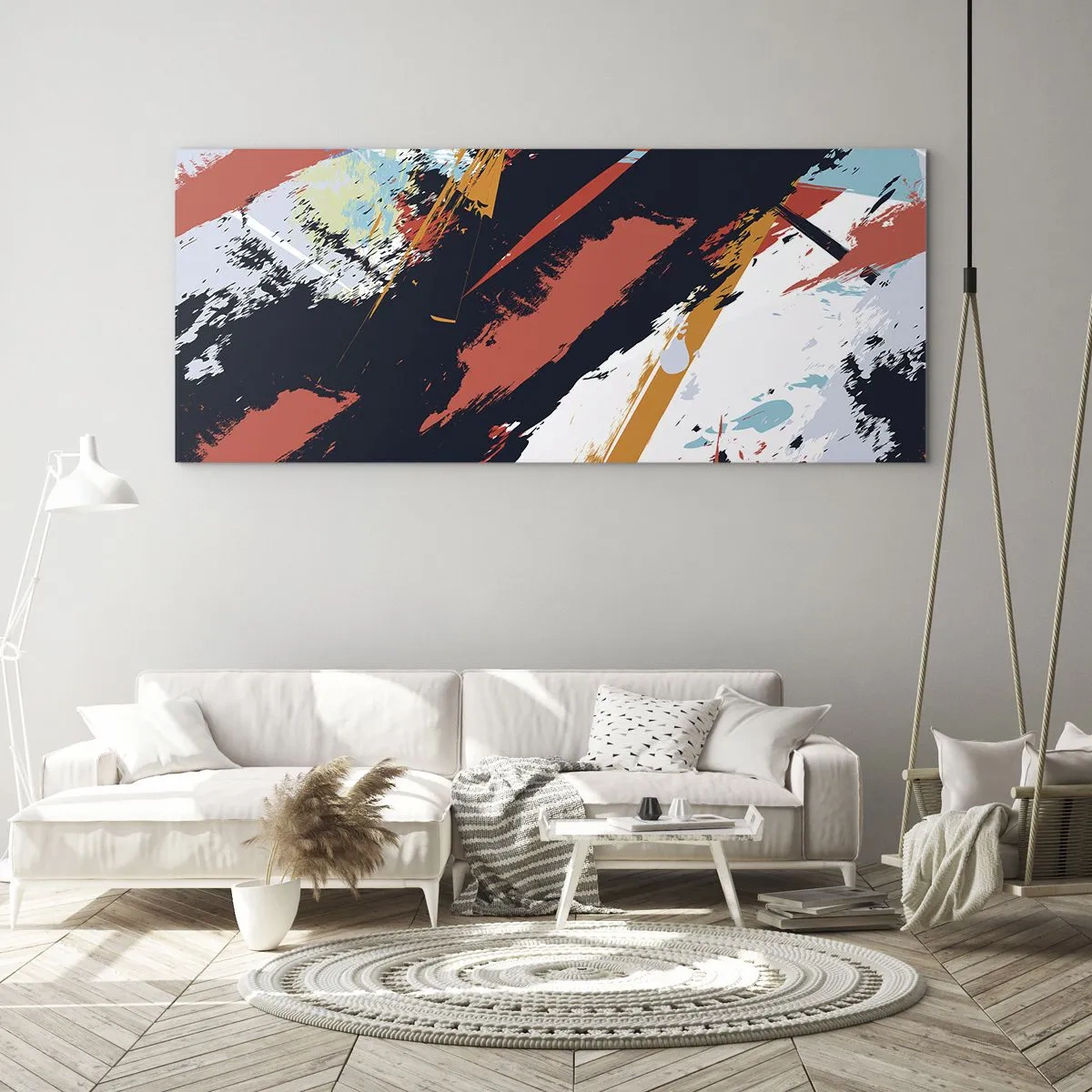 Cuadro sobre vidrio - Impresiones sobre Vidrio - Pinceladas abstractas en colores vibrantes - 140x50cm - Composición dinámica - Decoración de pared moderna para salón y dormitorio ARTTOR