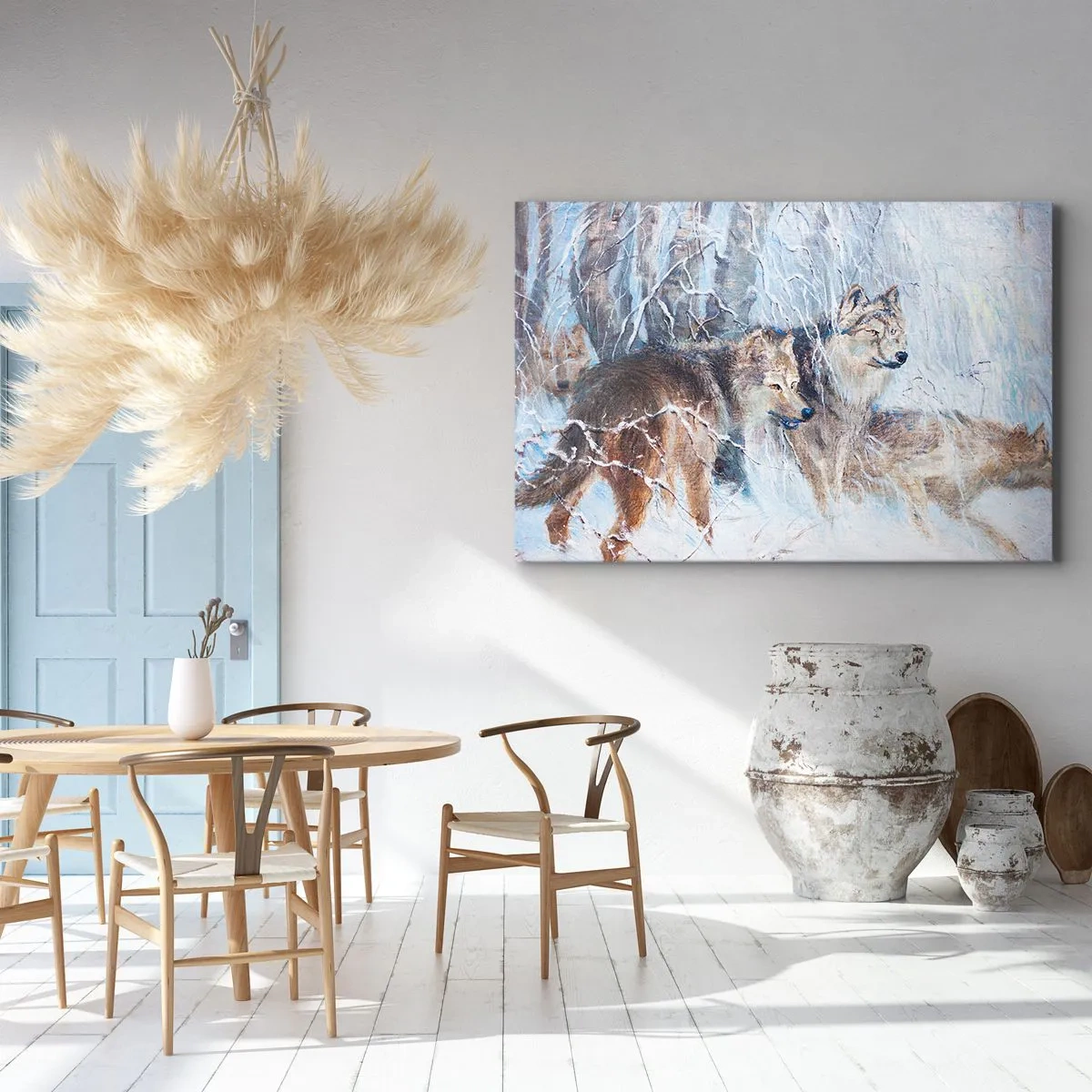 Cuadro sobre lienzo - Impresión de Imagen - Lobos en un bosque invernal con un fondo nevado - 70x50cm - ¡Cuidado! Aquí viene... - Decoración de pared moderna para salón y dormitorio ARTTOR