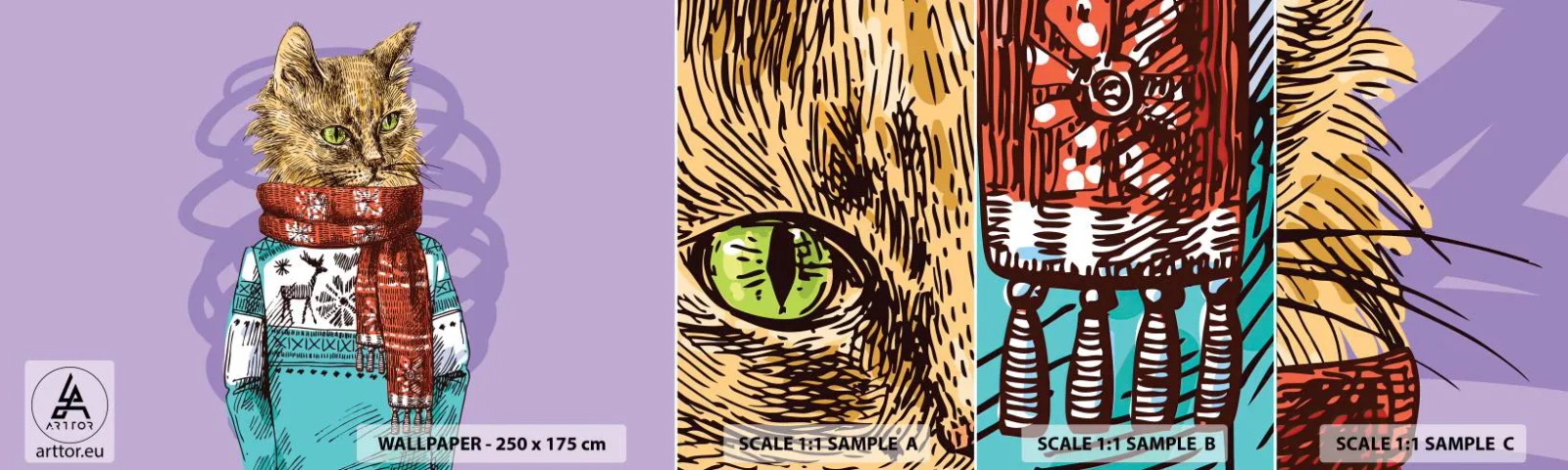 Muestra de fotomural autoadhesivo Deluxe Sticker - El gato no solo tenía botas - Abstracción, Gato, Suéter de lana - 100x30 cm