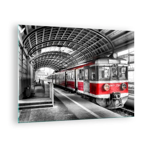 Cuadro sobre vidrio - Impresiones sobre Vidrio - Tren rojo en la estación bajo techo. - 70x50cm - ¿El viaje de su vida? - Decoración de pared moderna para salón y dormitorio ARTTOR