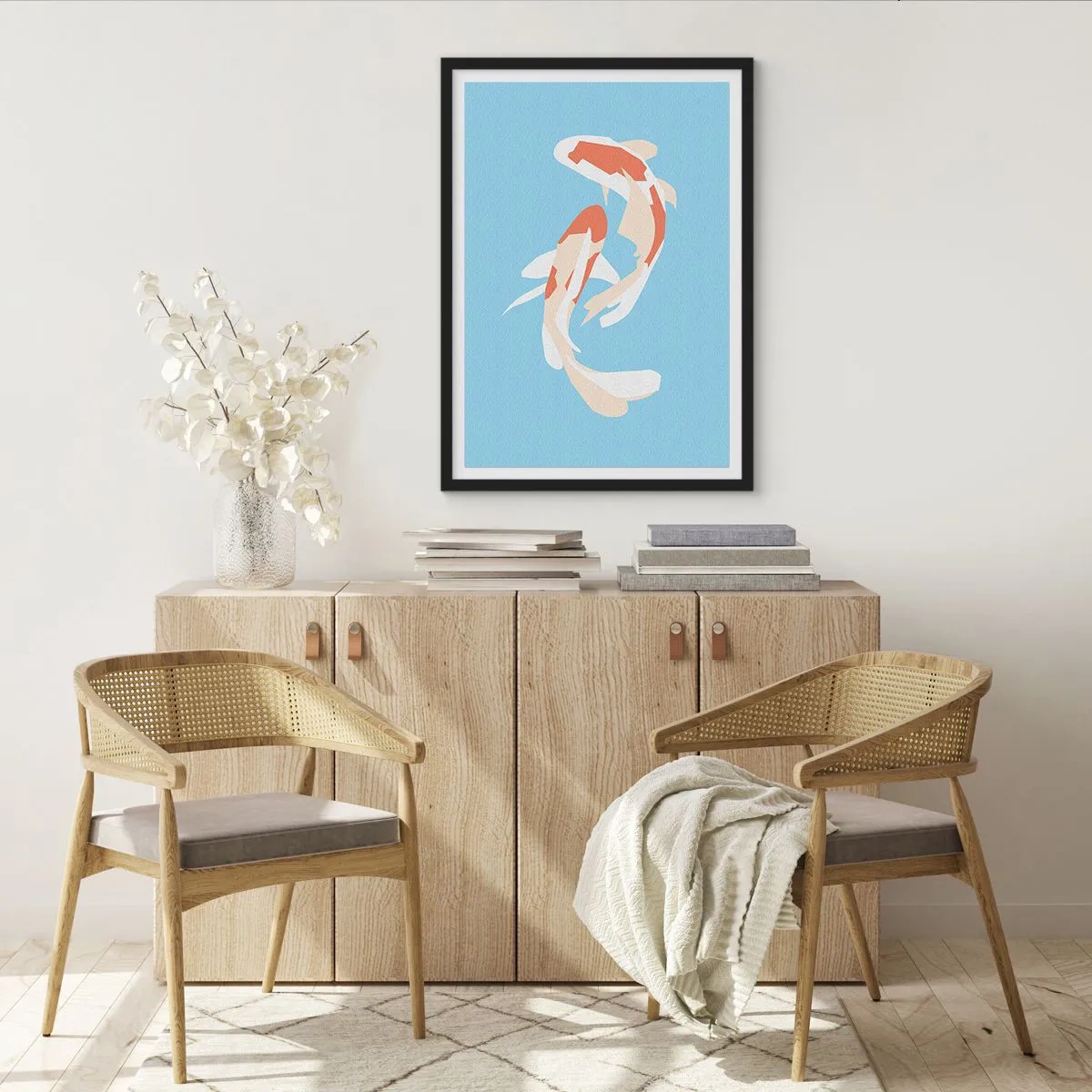 Póster en marco negro - Dos peces koi nadando en armonía - 50x70cm - Natación sincronizada espontánea - Decoración de pared moderna para salón y dormitorio ARTTOR