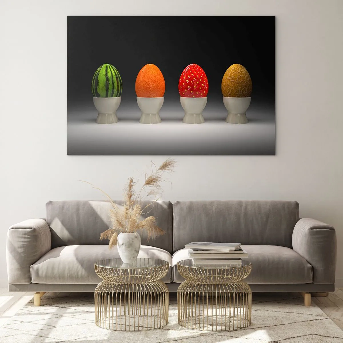 Cuadro sobre vidrio - Impresiones sobre Vidrio - Huevos en cáscaras de fruta en un soporte - 120x80cm - Desayuno de frutas - Decoración de pared moderna para salón y dormitorio ARTTOR