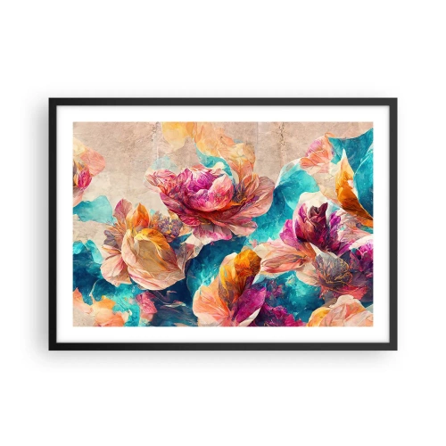 Póster en marco negro - Flores de colores sobre un fondo beige - 70x50cm - El colorido esplendor de un ramo - Decoración de pared moderna para salón y dormitorio ARTTOR