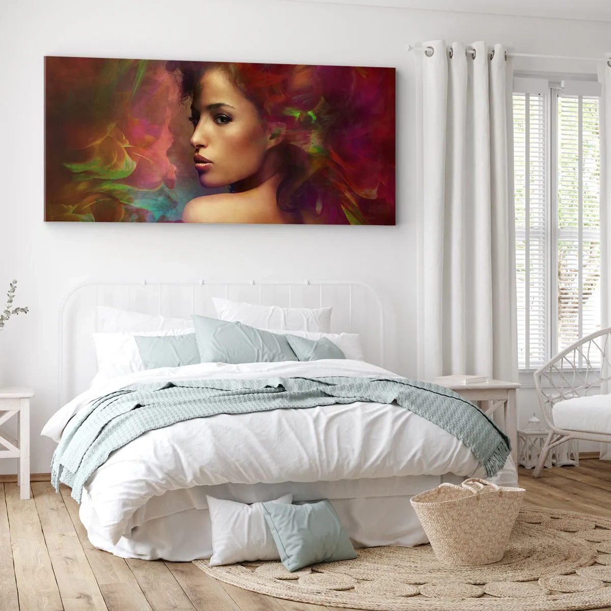 Cuadro sobre lienzo - Impresión de Imagen - Una mujer con reflejos coloridos creando un fondo abstracto. - 120x50cm - Más hermosa que un arco iris, tan delicada como la niebla - Decoración de pared moderna para salón y dormitorio ARTTOR