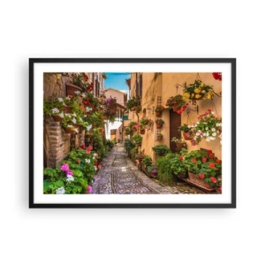 Póster en marco negro - Una calle encantadora llena de flores y macetas. - 70x50cm - Callejón italiano - Decoración de pared moderna para salón y dormitorio ARTTOR