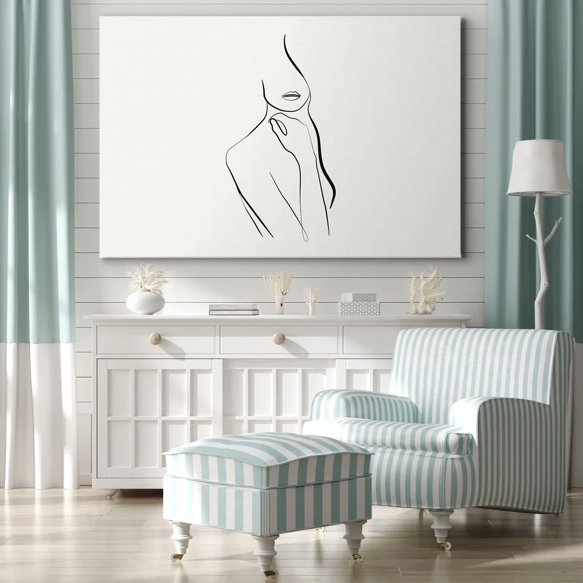 Cuadro sobre lienzo - Impresión de Imagen - Un boceto minimalista de la silueta de una mujer sobre un fondo claro. - 70x50cm - Una ola de melancolía - Decoración de pared moderna para salón y dormitorio ARTTOR