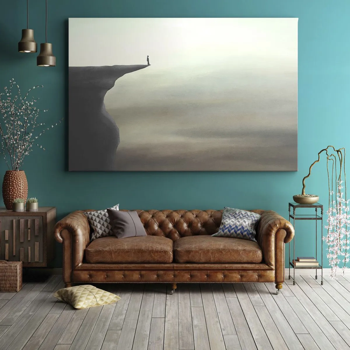 Cuadro sobre lienzo - Impresión de Imagen - Silueta de una figura en el borde de un acantilado en un paisaje brumoso - 70x50cm - Hacia arriba, ¡por supuesto! - Decoración de pared moderna para salón y dormitorio ARTTOR