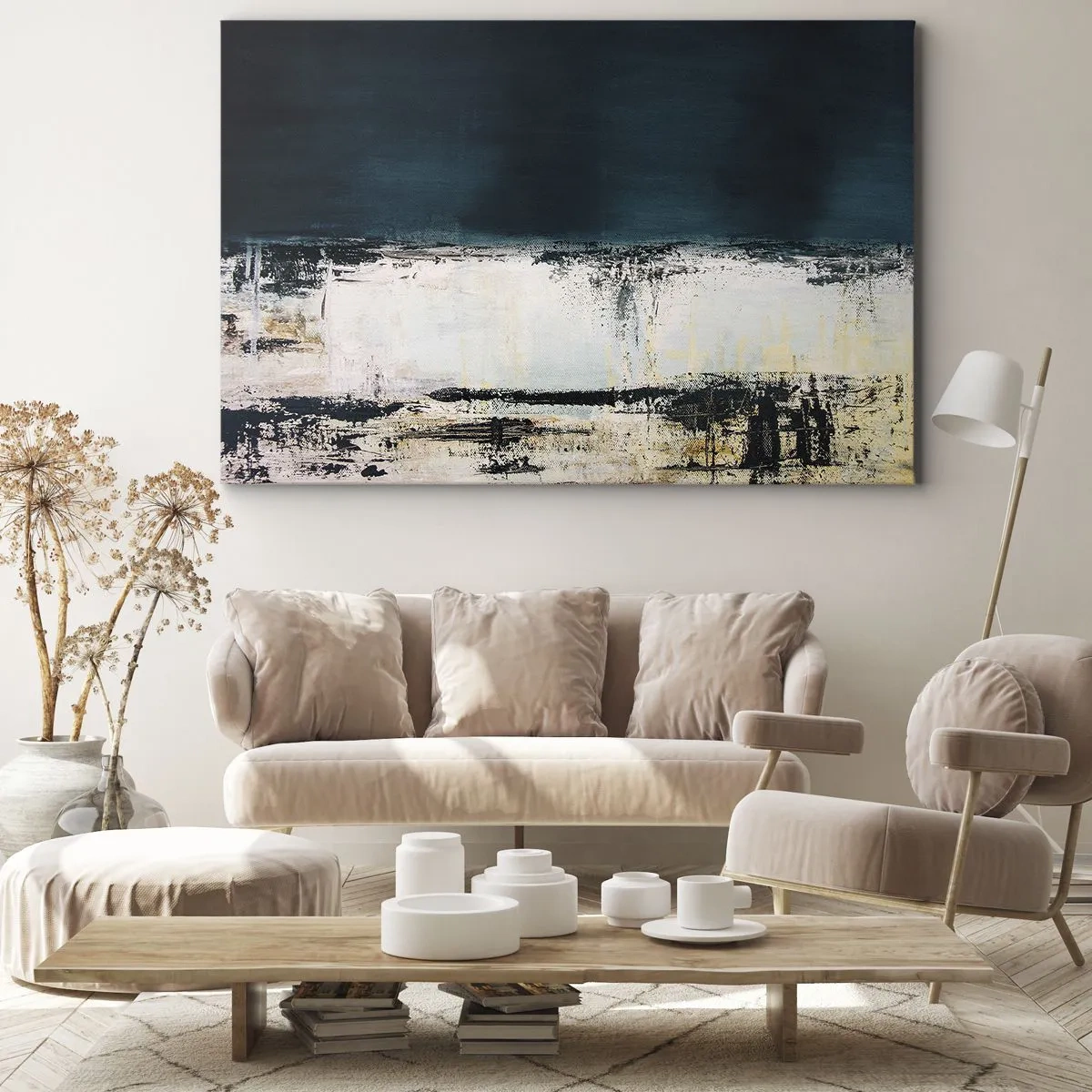 Cuadro sobre lienzo - Impresión de Imagen - Composición horizontal abstracta en tonos azul marino y blanco. - 70x50cm - Composición horizontal - Decoración de pared moderna para salón y dormitorio ARTTOR