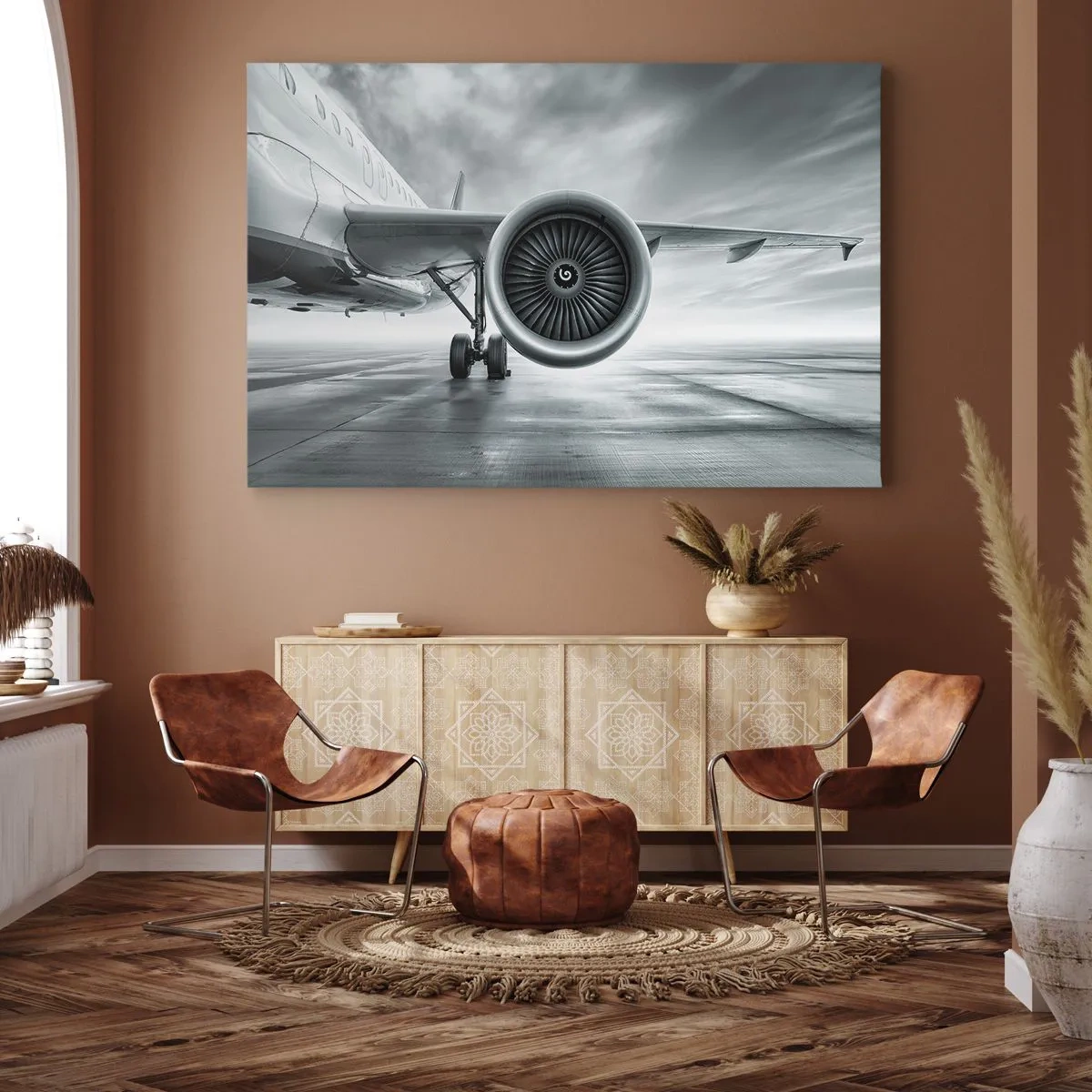 Cuadro sobre lienzo - Impresión de Imagen - El motor a reacción de un avión en la pista - 70x50cm - Hay poder - Decoración de pared moderna para salón y dormitorio ARTTOR