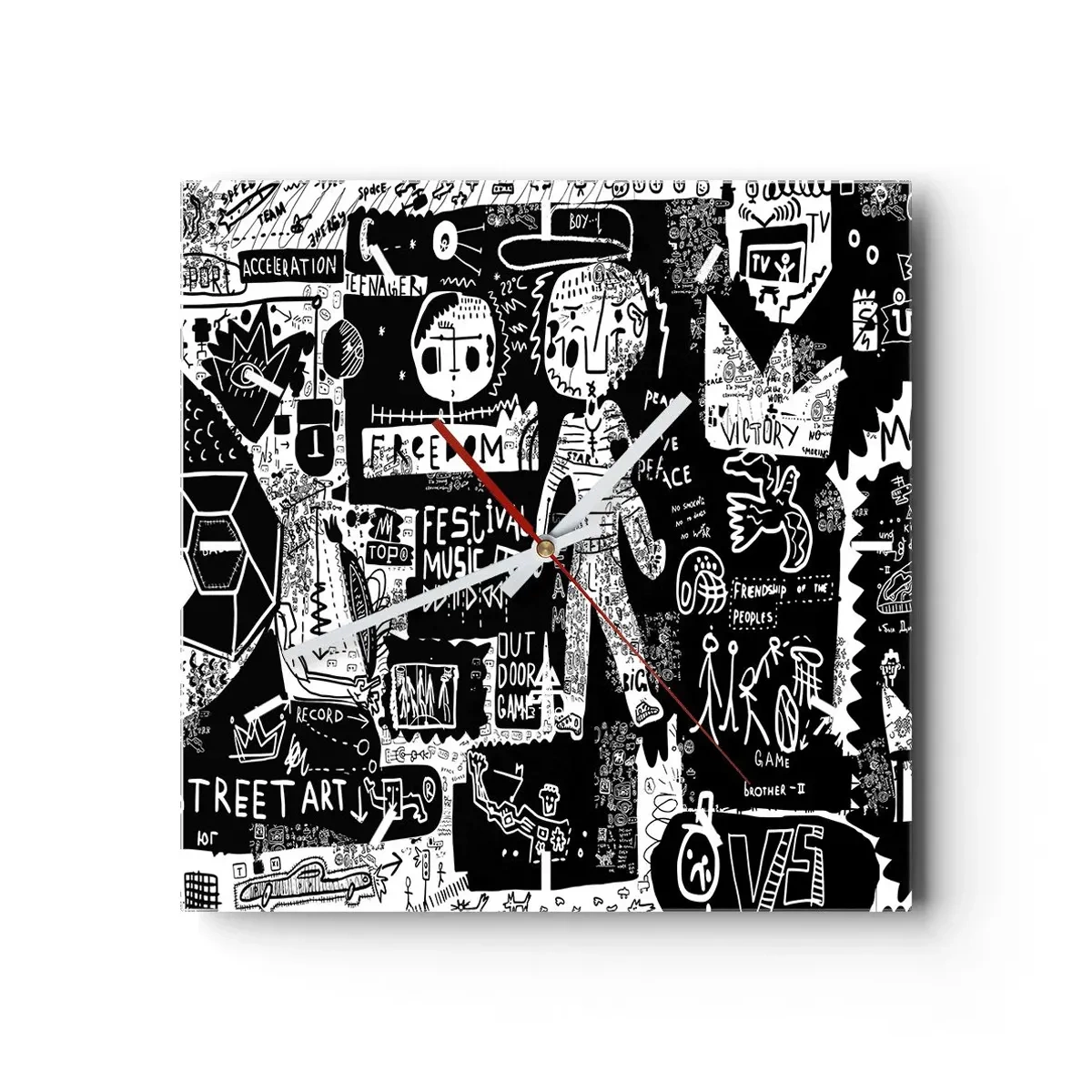 Reloj de pared - Reloj de vidrio - Collage en blanco y negro inspirado en el arte callejero - 30x30cm - La juventud espiritual de la ley y la alegría - Decoración de pared moderna para salón y dormitorio ARTTOR