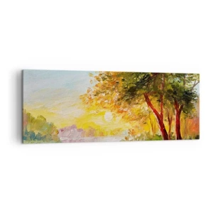 Cuadro sobre lienzo - Impresión de Imagen - Un paisaje pintoresco con un río y árboles al atardecer. - 140x50cm - Ensueño - Decoración de pared moderna para salón y dormitorio ARTTOR