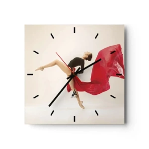 Reloj de pared - Reloj de vidrio - Una bailarina dinámica con un traje negro y tela roja en movimiento. - 30x30cm - Rojo y negro - Decoración de pared moderna para salón y dormitorio ARTTOR