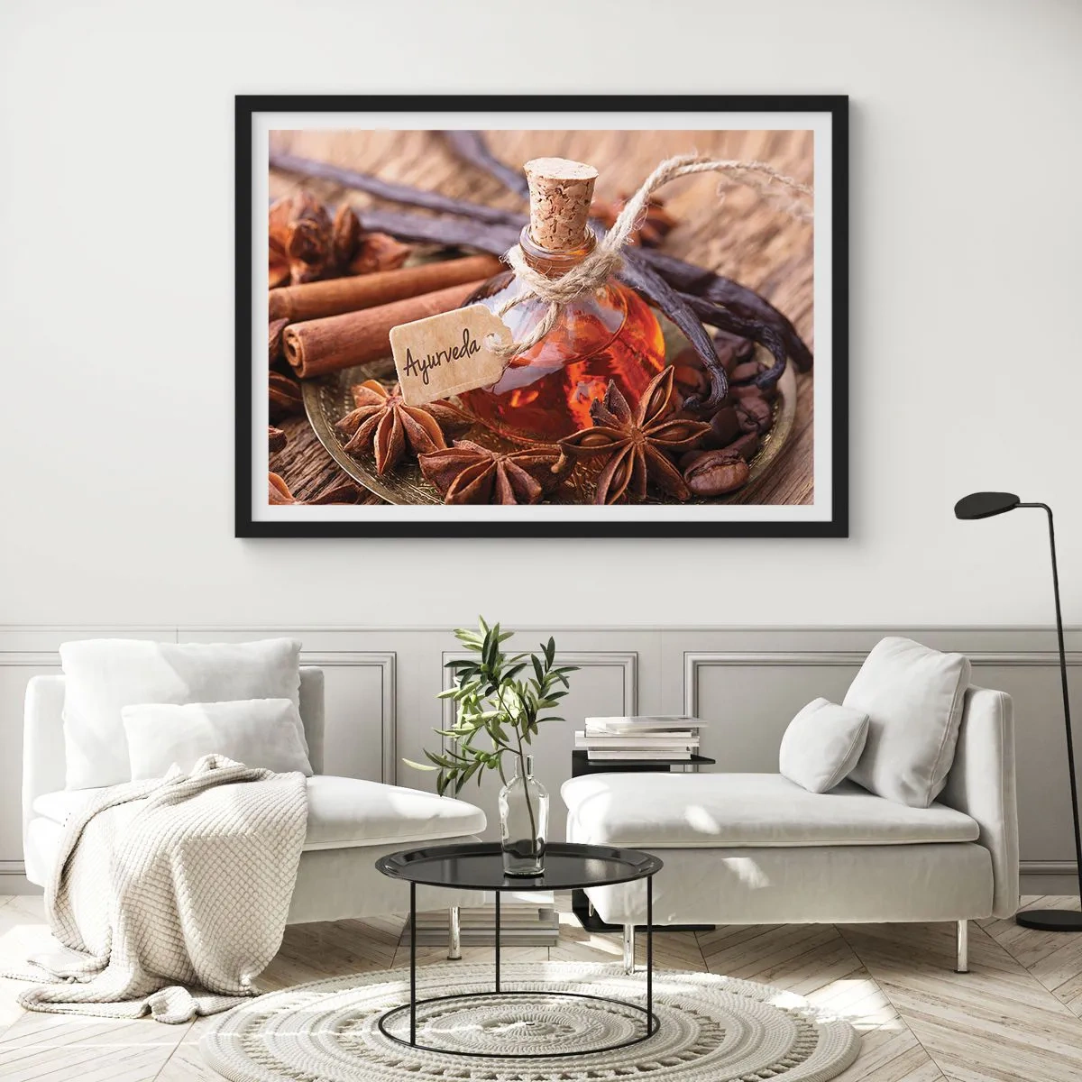 Póster en marco negro - Una botella de aceite de especias en una bandeja. - 70x50cm - Hacia la unidad del cuerpo y el espíritu - Decoración de pared moderna para salón y dormitorio ARTTOR