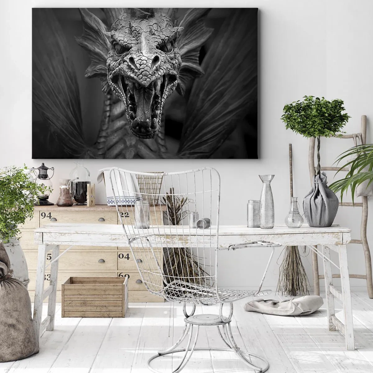 Cuadro sobre lienzo - Impresión de Imagen - Una cabeza de dragón amenazante en blanco y negro con detalles expresivos. - 120x80cm - Dragón de cuento de hadas en gris - Decoración de pared moderna para salón y dormitorio ARTTOR
