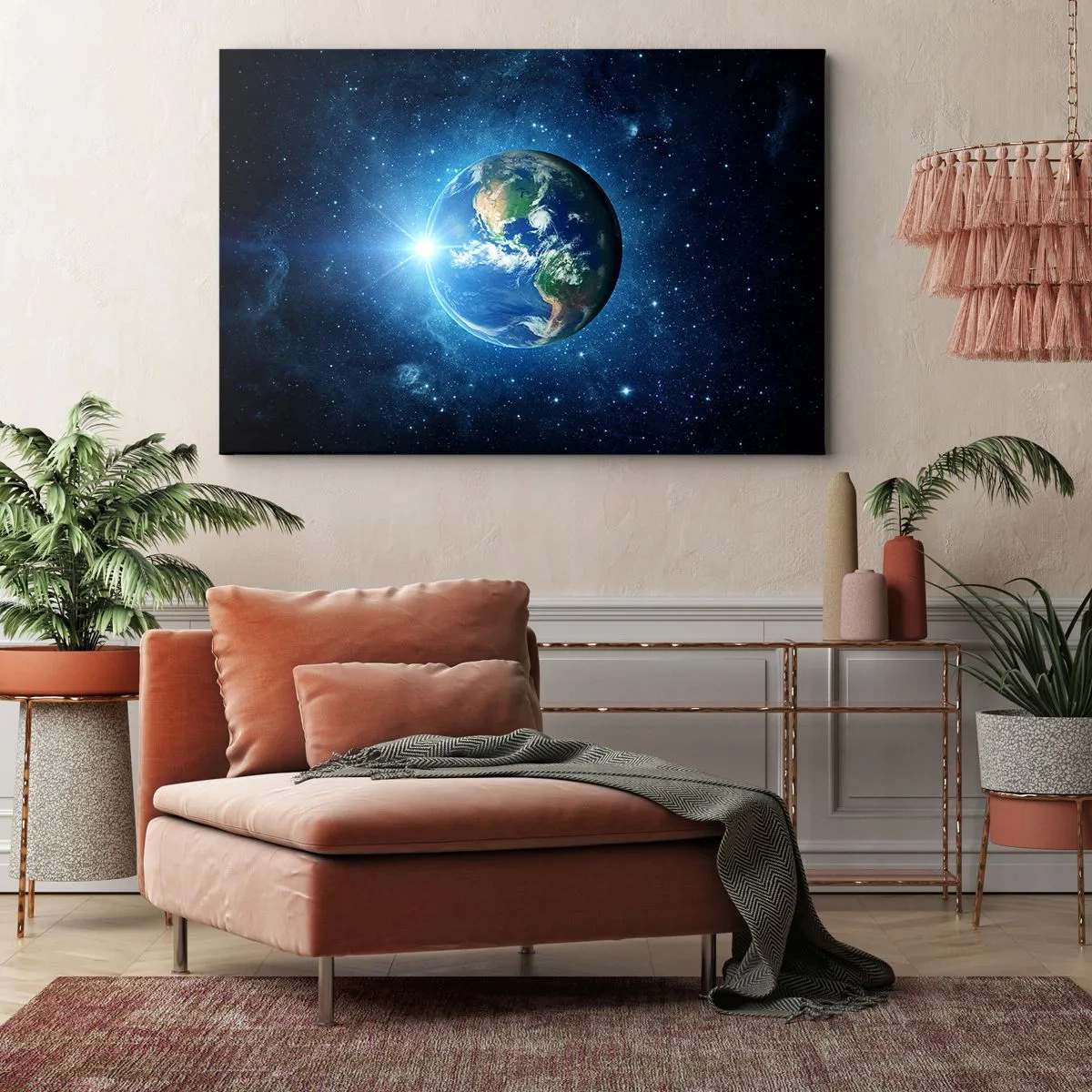 Cuadro sobre lienzo - Impresión de Imagen - La Tierra en el espacio rodeada de estrellas y luz. - 120x80cm - Estamos en el cielo - Decoración de pared moderna para salón y dormitorio ARTTOR