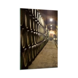 Cuadro sobre vidrio - Impresiones sobre Vidrio - Una bodega con barriles de vino de madera dispuestos en filas. - 80x120cm - El placer  - Decoración de pared moderna para salón y dormitorio ARTTOR