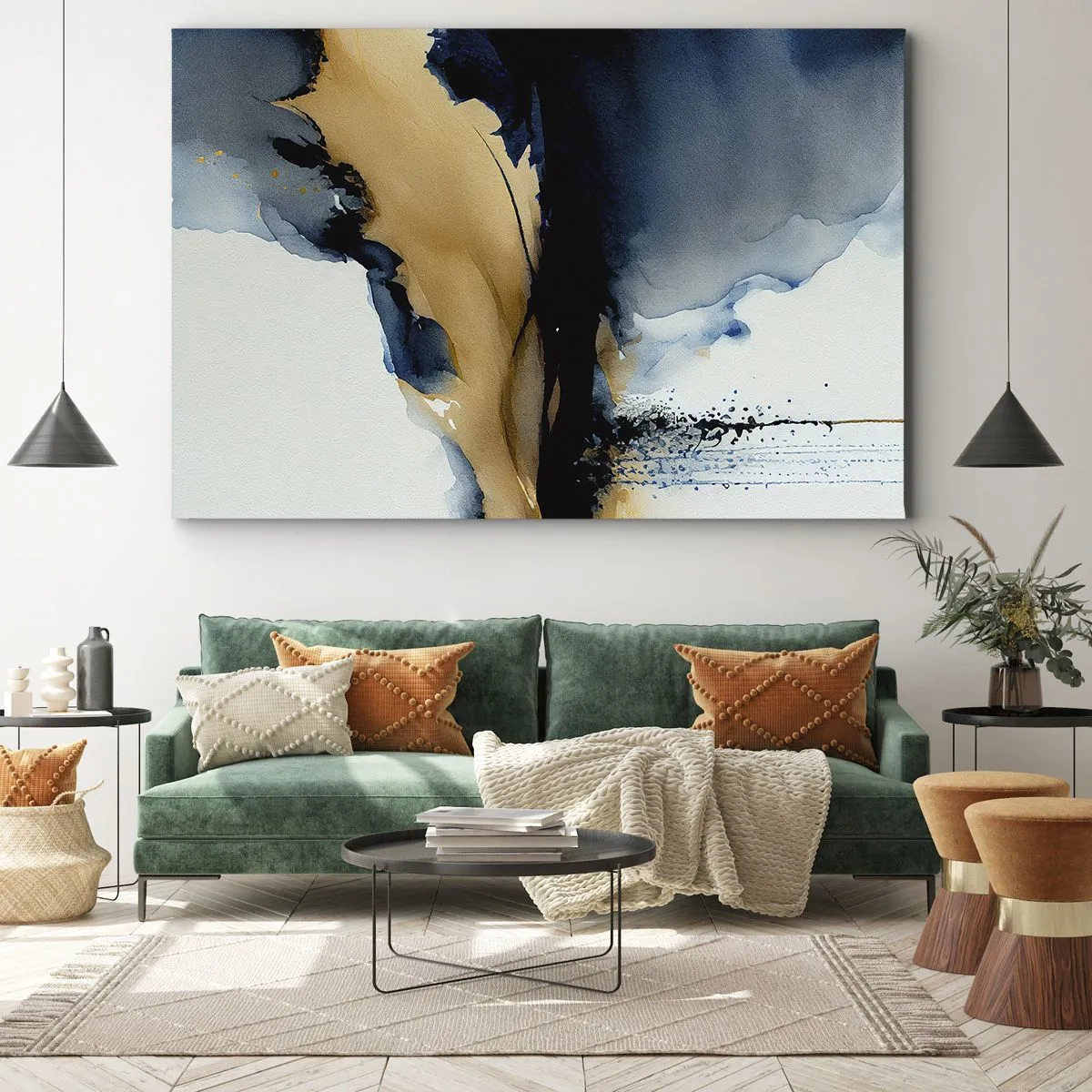 Cuadro sobre lienzo - Impresión de Imagen - Una composición abstracta en tonos azul marino y dorado. - 70x50cm - Tras el telón - Decoración de pared moderna para salón y dormitorio ARTTOR