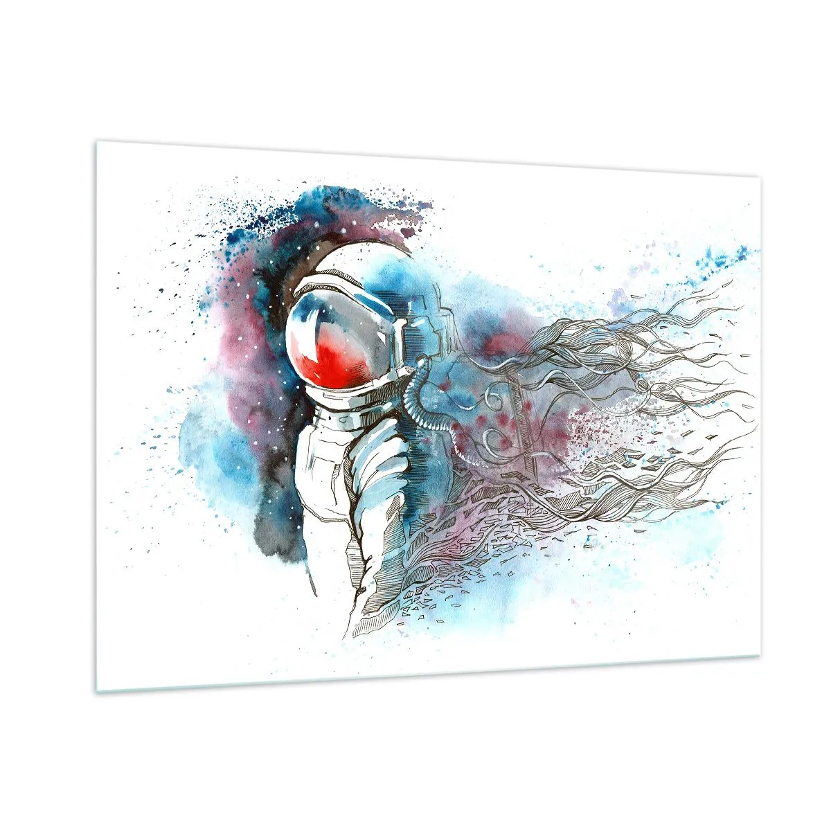 Cuadro sobre vidrio - Impresiones sobre Vidrio - Astronauta en un dinámico entorno espacial de acuarela - 100x70cm - A solas con el cosmos - Decoración de pared moderna para salón y dormitorio ARTTOR