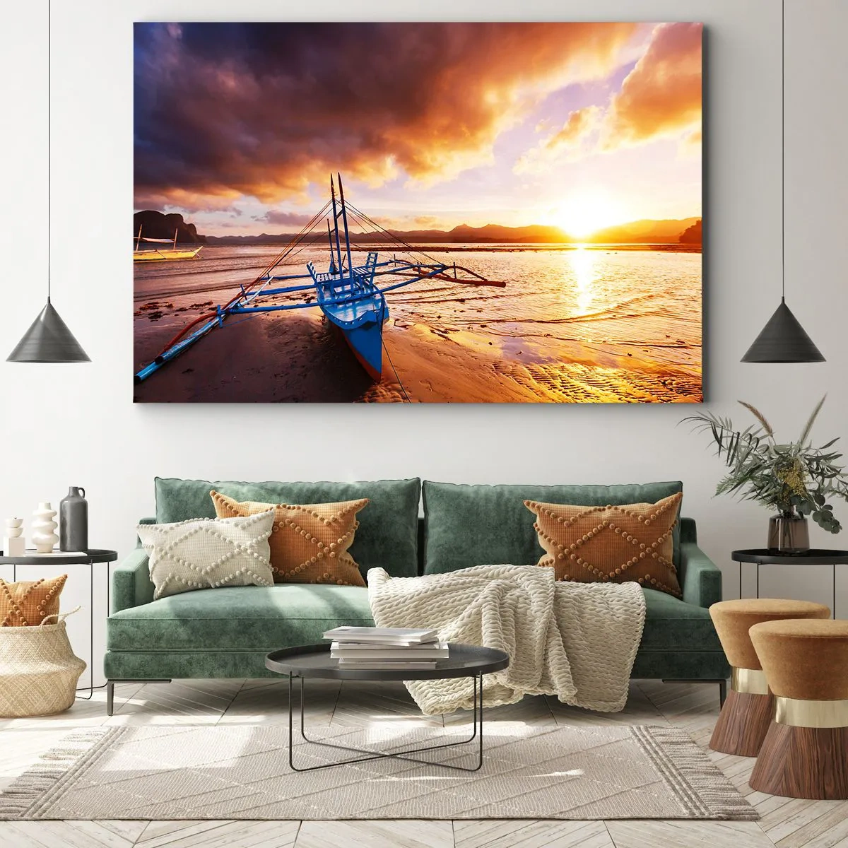 Cuadro sobre lienzo - Impresión de Imagen - Barco azul en la playa al atardecer - 120x80cm - Después de un largo día, relájate en la arena - Decoración de pared moderna para salón y dormitorio ARTTOR