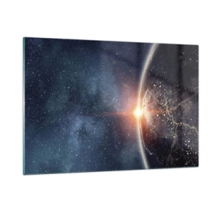 Cuadro sobre vidrio - Impresiones sobre Vidrio - La Tierra iluminada por los rayos del sol en el espacio. - 120x80cm - En una nueva perspectiva - Decoración de pared moderna para salón y dormitorio ARTTOR