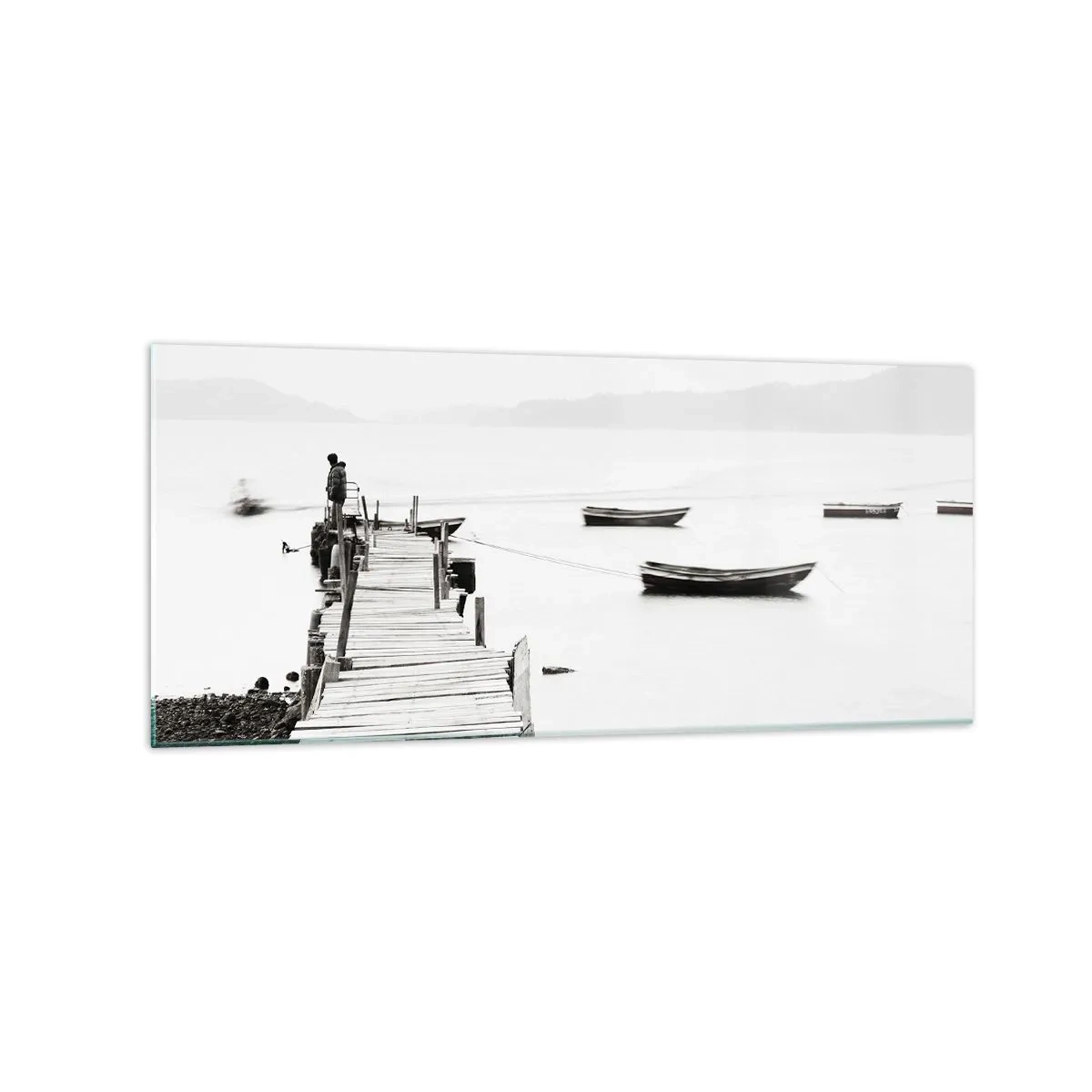 Cuadro sobre vidrio - Impresiones sobre Vidrio - Muelle de madera y barcos en aguas tranquilas - 120x50cm - Junto al agua tranquila y clara - Decoración de pared moderna para salón y dormitorio ARTTOR