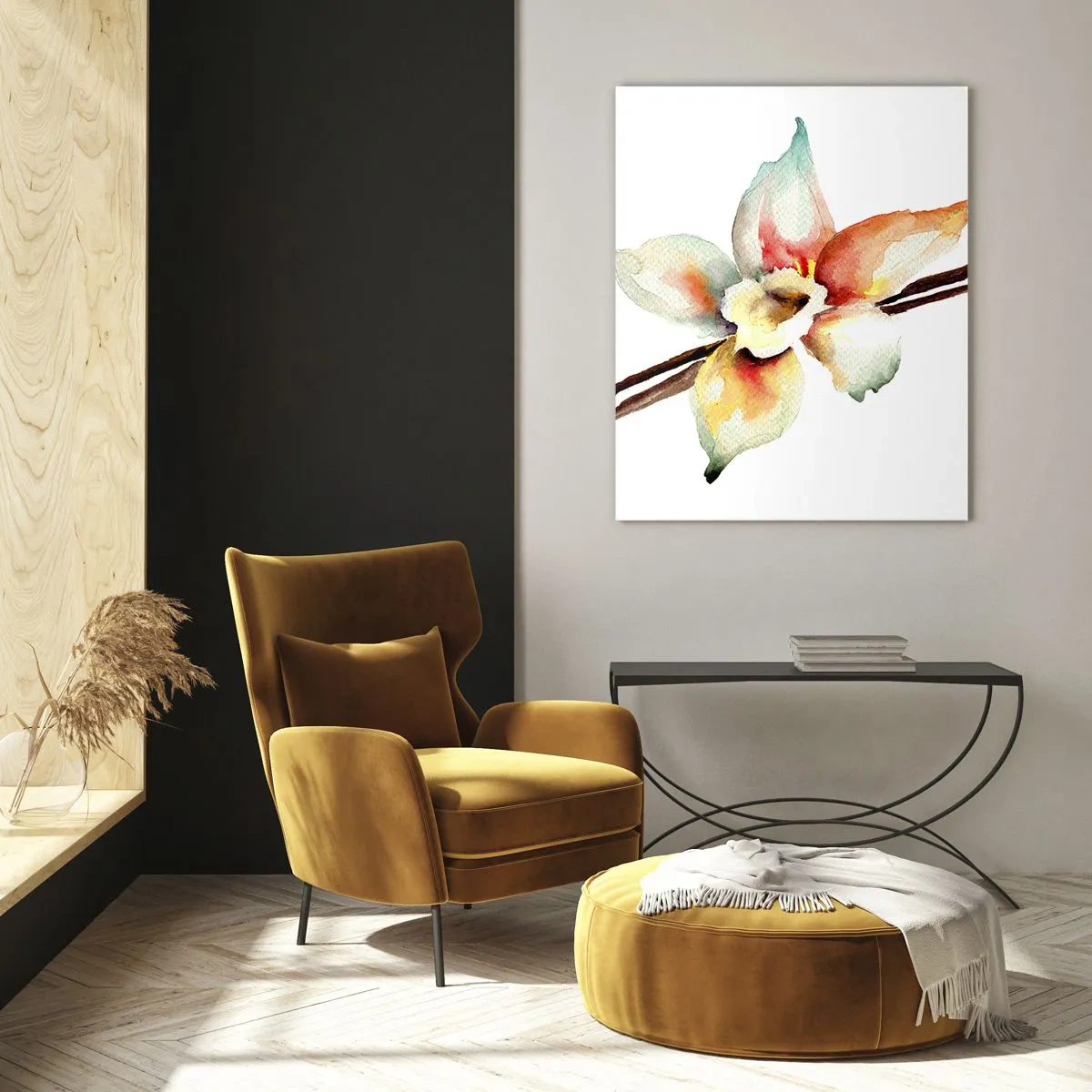 Cuadro sobre vidrio - Impresiones sobre Vidrio - Ilustración en acuarela de una flor de vainilla sobre un fondo blanco. - 50x70cm - Dulzura salpicada de pintura - Decoración de pared moderna para salón y dormitorio ARTTOR
