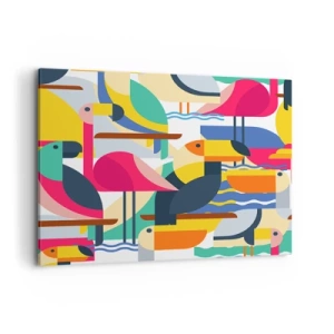 Cuadro sobre lienzo - Impresión de Imagen - Pájaros coloridos en una composición geométrica abstracta - 120x80cm - Fiesta de las aves - Decoración de pared moderna para salón y dormitorio ARTTOR