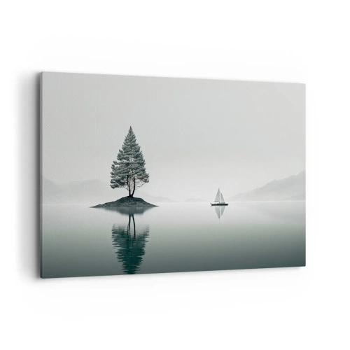 Cuadro sobre lienzo - Impresión de Imagen - Un paisaje minimalista con un árbol en una isla y un velero. - 100x70cm - Un sueño hecho realidad - Decoración de pared moderna para salón y dormitorio ARTTOR