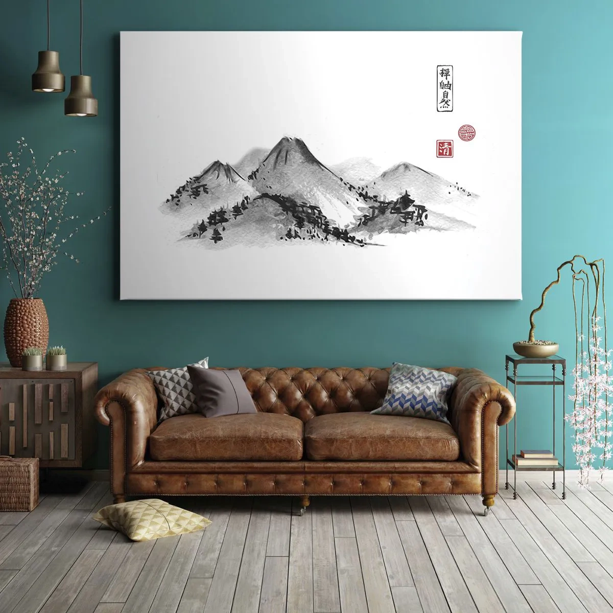 Cuadro sobre lienzo - Impresión de Imagen - Paisaje de montaña tradicional al estilo de la pintura de tinta japonesa. - 70x50cm - Más allá de lo lejano - Decoración de pared moderna para salón y dormitorio ARTTOR