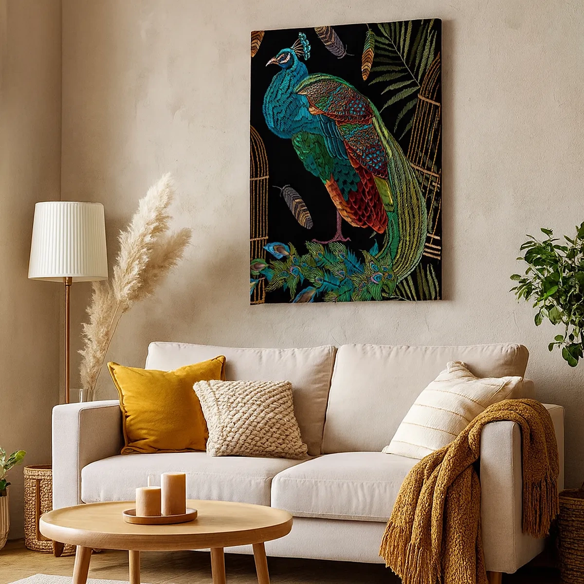 Cuadro sobre lienzo - Impresión de Imagen - Pavos reales junto a una jaula dorada sobre un fondo negro - 50x70cm - Con plumajes reales - Decoración de pared moderna para salón y dormitorio ARTTOR