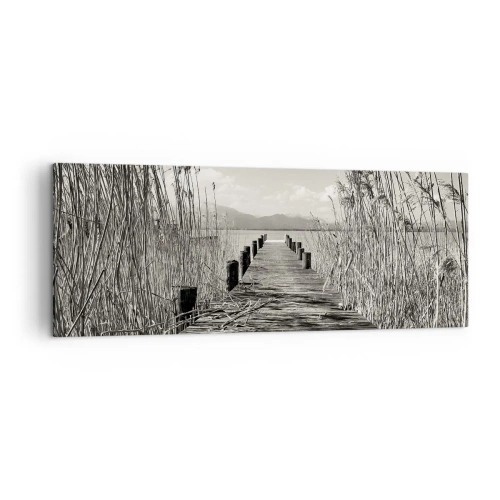 Cuadro sobre lienzo - Impresión de Imagen - Un embarcadero de madera entre hierbas altas sobre un lago de tonos sepia. - 140x50cm - En la quietud de los juncos - Decoración de pared moderna para salón y dormitorio ARTTOR